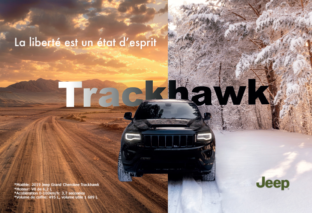 Encart-Presse publicitaire pour le modèle de voiture TrackHawk de la marque Jeep